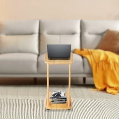 Mobile Office Computer Desk Solid Wood End Table C-Shaped Side Table w/ Wheels
