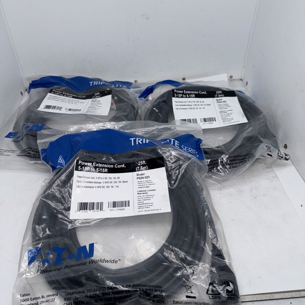 (3) 25′ Tripp-Lite P024-025 Power Extension Cords 125V 15A