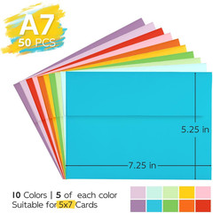 Colored Envelopes Self Seal A7 50 Pack, 10 Colors, 5.25 X 7.25 Printable Invita