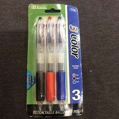 BAZIC Transparent 3-Color Pen with Cushion Grip – 3/Pack in Random color #1749
