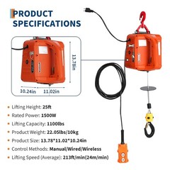 3 in 1 Portable Electric Hoist Winch 1100lbs Wired/Wireless Remote Control Crane