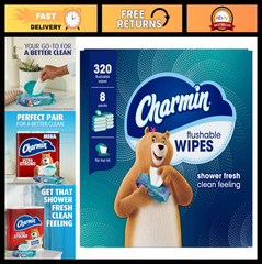 Flushable Wipes, 320 Total Wipes, 8 Packs of 40, Soft & Strong, Bathroom Hygiene