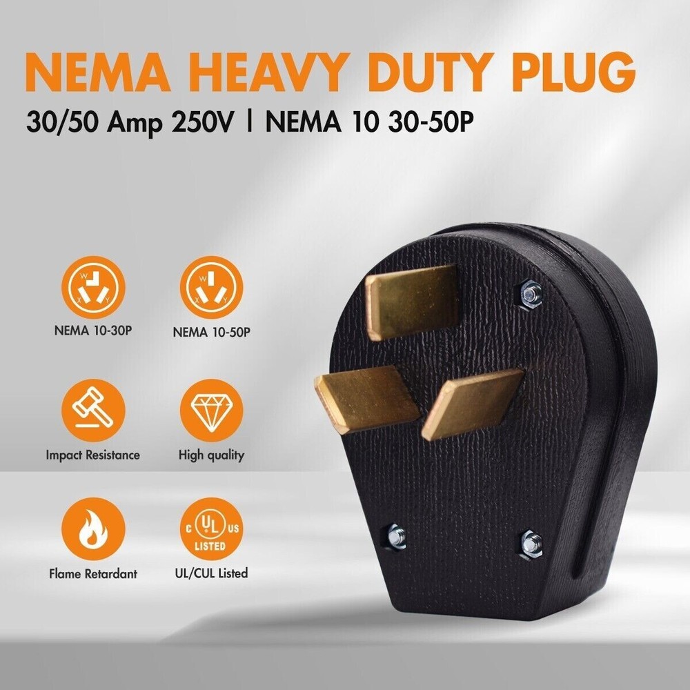 NEMA 10-50P Plug,Straight Blade Heavy Duty Angle Plug,30/50 Amp 125V