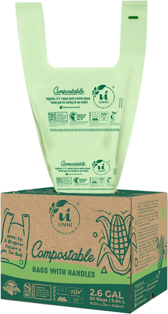 Compostable T-Shirt Bags with Tie Handles, 2.6 Gallon / 9.84 Liter, 50 Count, 0.