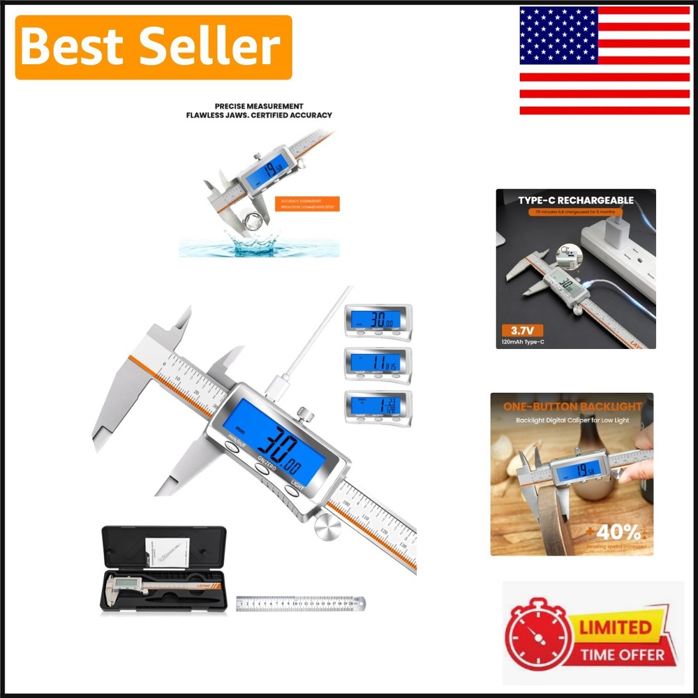 High-Precision Rechargeable Digital Caliper with Fraction and Metric Conversion