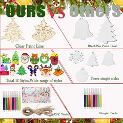60PCS DIY Christmas Wooden Ornaments Unfinished Wood Slices Paintable Craft Kit