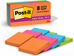 Post-It Super Sticky Notes, 2X2 In, 8 Pads, 2X the Sticking Power, Energy Boost
