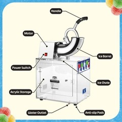 Commercial Snow Cone Machine Acrylic Ice Crusher Shaver 500lbs Per Hour for