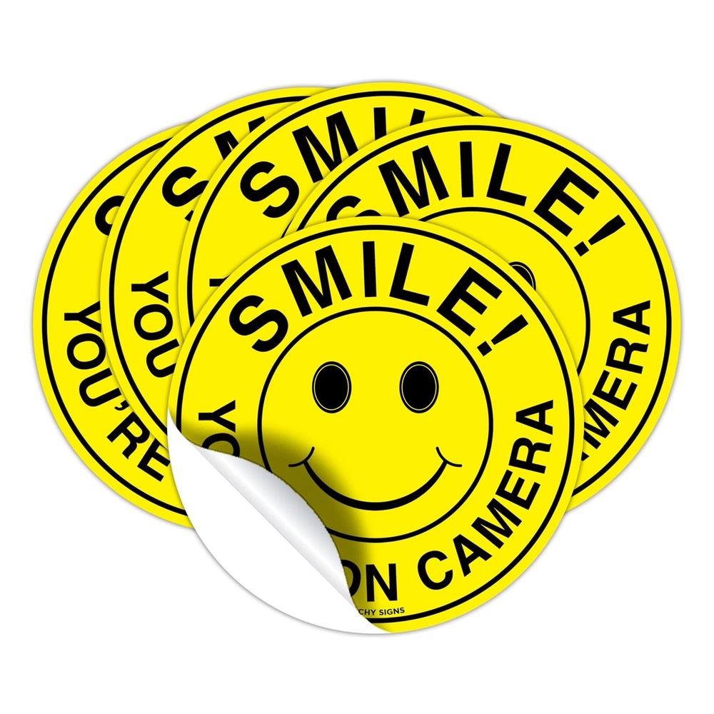 5 PCS 4.5 Inch Circle Smile You’re On Camera Sign Adhesive Vinyl Decal Stick