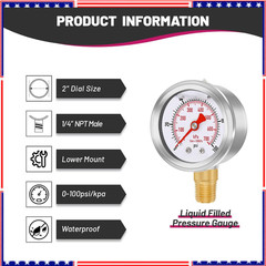 0-100 PSI/kPa Water Pressure Gauge, Glycerin Filled,psi Gauge