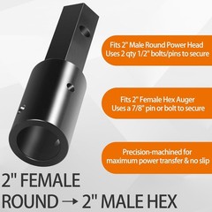 Auger Adapter Conversion 2 inch female Round to 2″ Male Hex Heavy Duty