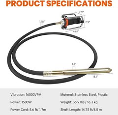 Electric Concrete Vibrator 1500W 14.75 feet Poker to Remove Air Bubbles 16000VPM