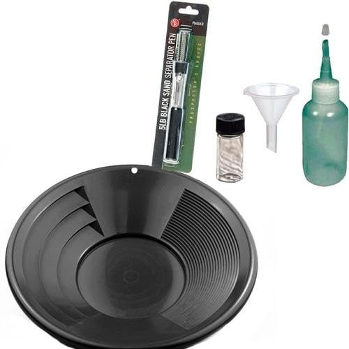 Sluice Monkey 12″ Black Gold Pan Panning Kit with Funnel, 4oz Sniffer Bottle &