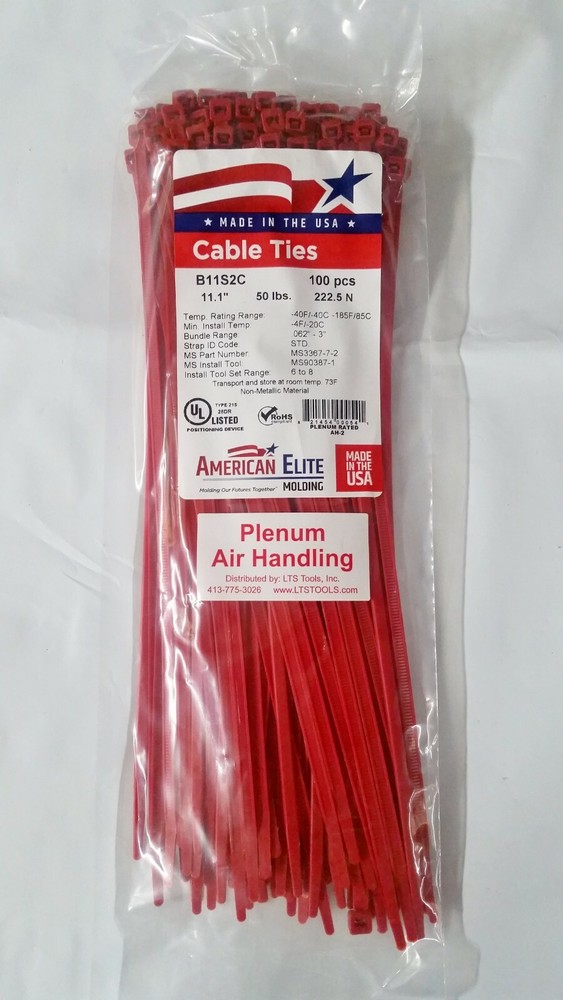 11″ Red Nylon Cable Zip Ties 50LB. Plenum Rated Air Handling, USA MADE, 500pk