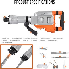 Electric Demolition Jack-Hammer Concrete Breaker 1700W 1900 BPM 60J 2 Chisels