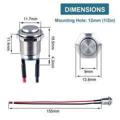5-Pcs 12 mm Momentary Push Button Switch Waterproof Push Button Switch Round