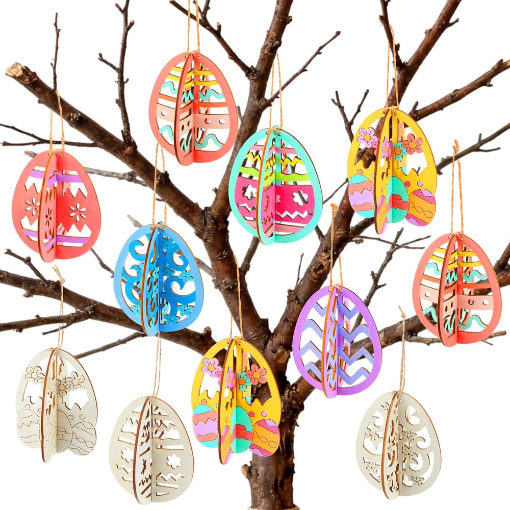 24 Pcs DIY Easter Wooden Ornaments 3D Unfinished Wood Crafts to Paint Easter Han