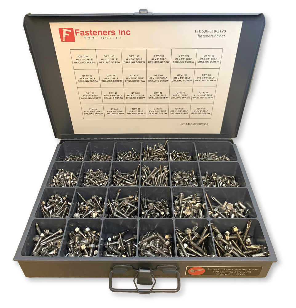 STAINLESS! 1466 Piece Hex Washer Head Tek Self Drilling Screw Assortment Kit