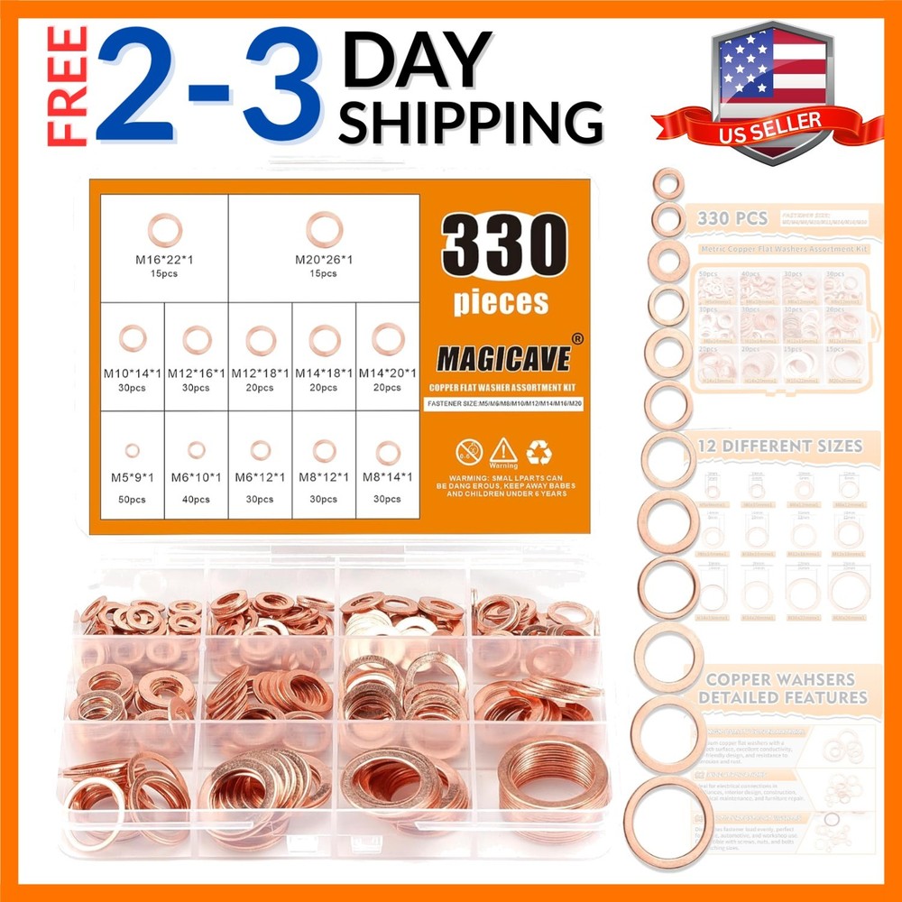 330 Pcs Assortment Kit – 12 Sizes Flat Sealing Crush Washers M5-M20 for Autom…