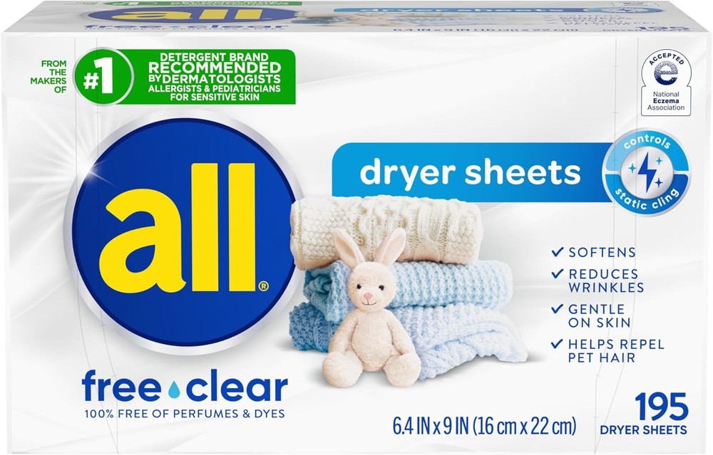 All Free Clear Unscented Fabric Softener Dryer Sheets, 195 Count