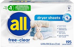 All Free Clear Unscented Fabric Softener Dryer Sheets, 195 Count