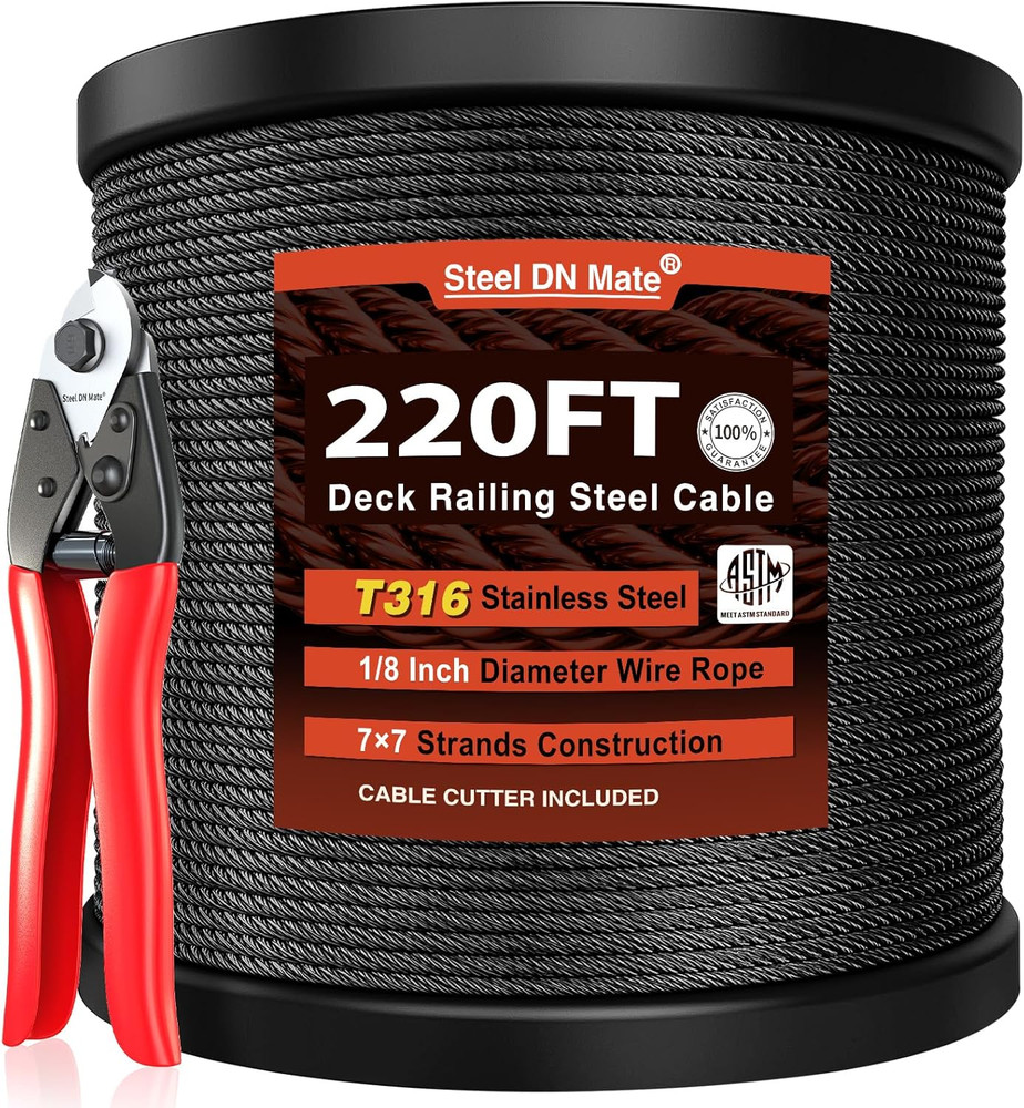 220Ft Black Wire Rope 1/8″ T316L Marine Grade Stainless Steel Cable 7 × 7 Strand
