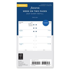 2025 Filofax Personal Size Refill 25-68421 Week on Two Pages, 95mm x 171mm