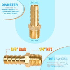 6 Pcs Brass Hose Fittings, 1/4 NPT to 3/8 Barb Barbed Hose Fittings, Male Thread