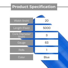 1 Roll Opaque Blue Machine Length Hand Stretch Wrap 20 in x 5000 ft x 63 Ga