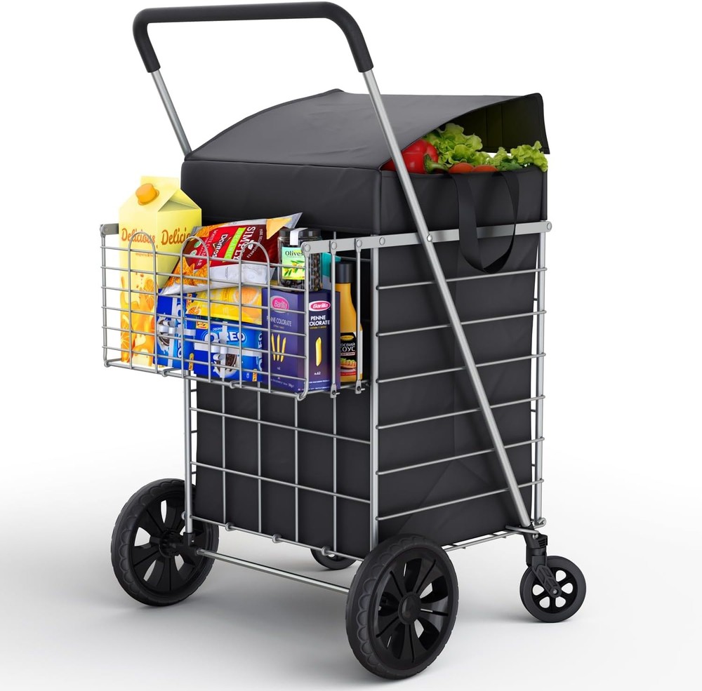 ( USED ) Folding Utility Shopping Cart with Double Basket, Swivel Wheels