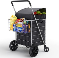 ( USED ) Folding Utility Shopping Cart with Double Basket, Swivel Wheels