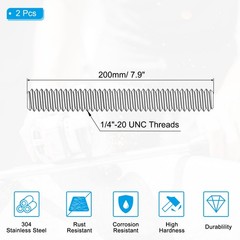 1/4″-20 Fully Threaded Rod, 2Pcs 7.9″ Length 304 Stainless Steel Thread Screw