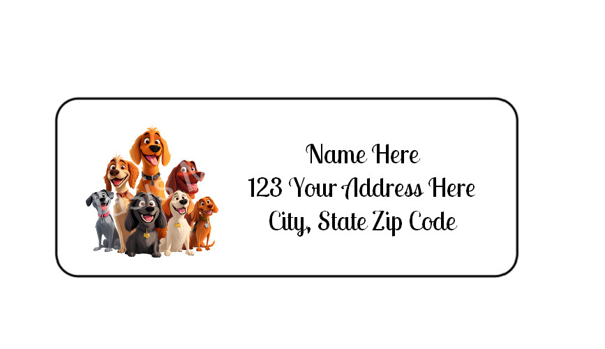 30 Cartoon Dogs PERSONALIZED RETURN ADDRESS LABELS 1 in X 2 5/8 GLOSSY