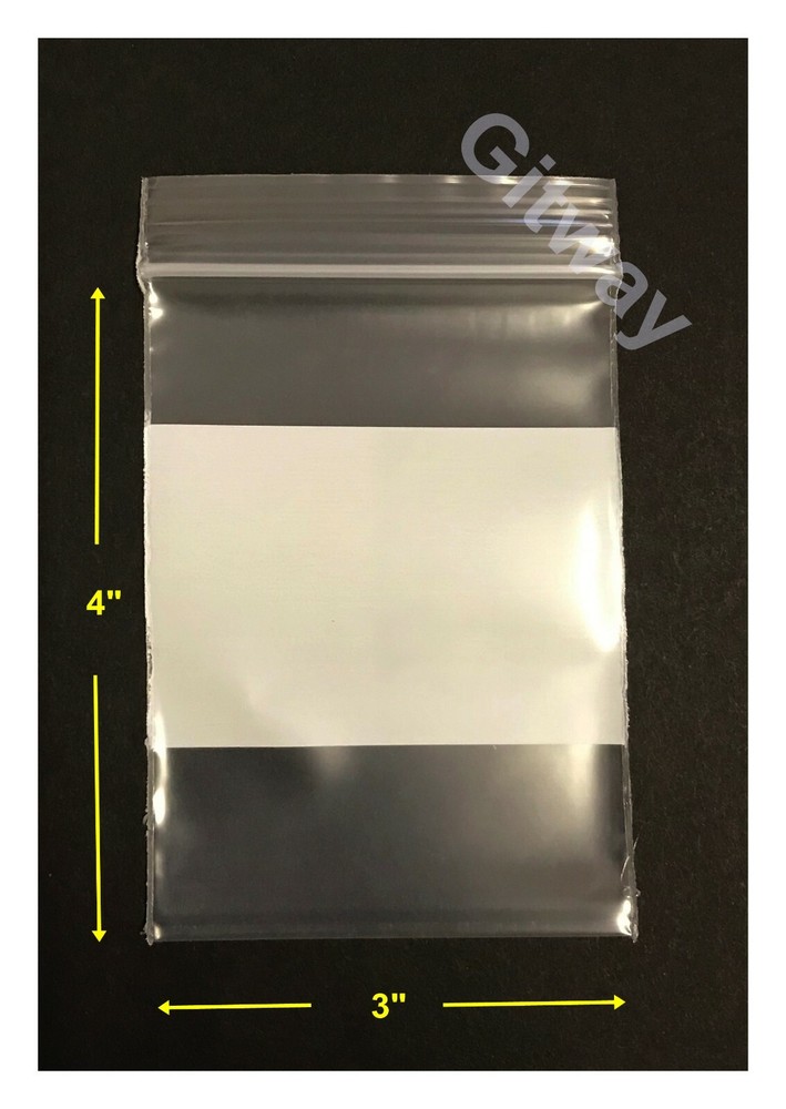 3″ x 4″ White Block Writeable Resealable Zip Top Lock Clear Plastic Bags 4miL