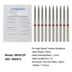 Dental Diamond Burs FG Flame Fine High Speed Bur Friction Grip Grit Red 863/012F