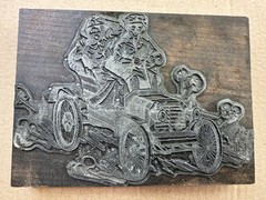 Large Antique Car Cartoon Motorists Print Block Classic Automobile 8″x5.5″