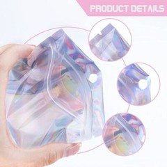100/200 Resealable Holographic Mylar Foil Bags Zip Lock Pouch Clear Front 3 Size