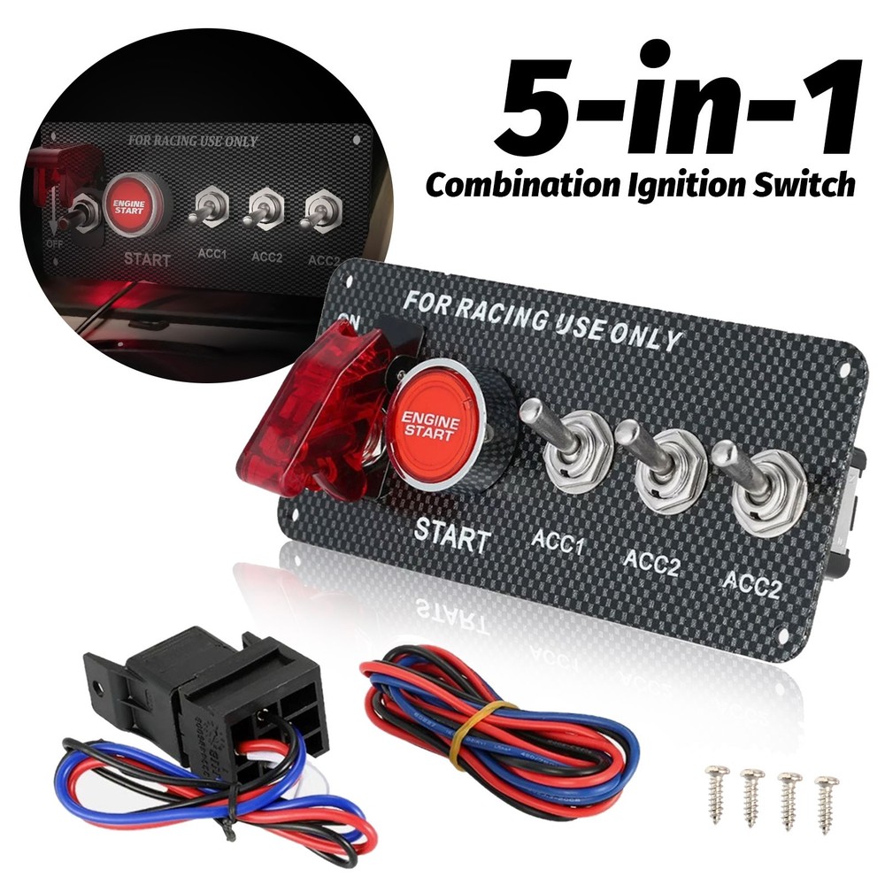 5in1 Ignition Switch Panel Engine Start Push Button Toggle 12V LED Carbon Fiber