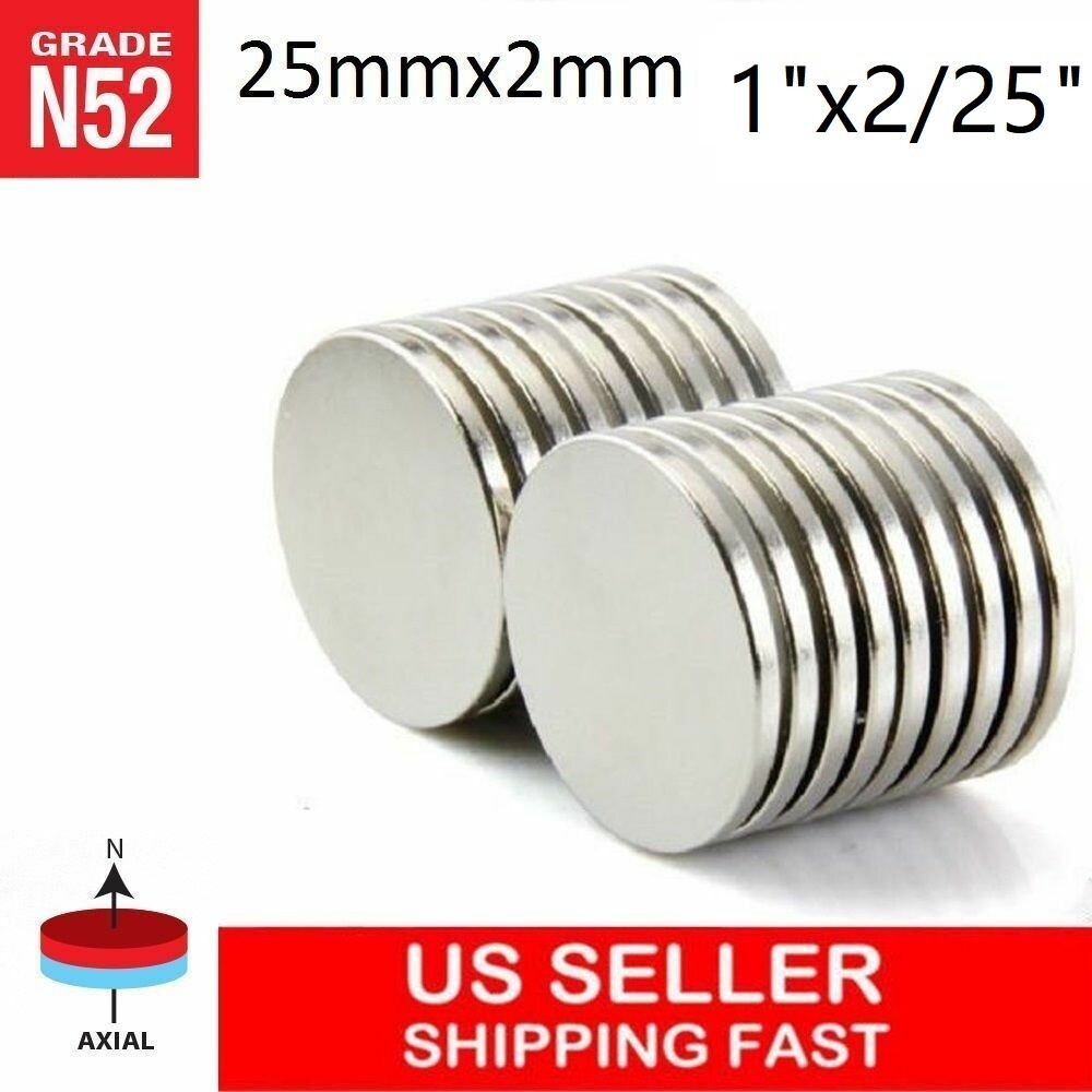 10 25 50 100pc 25mm x 2mm 1″x2/25″ N52 Strong Disc Rare Earth Neodymium Magnet
