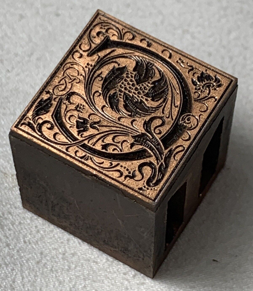 C Antique Ornate Floral Capital Letter “C” Printing Block Copper on Metal