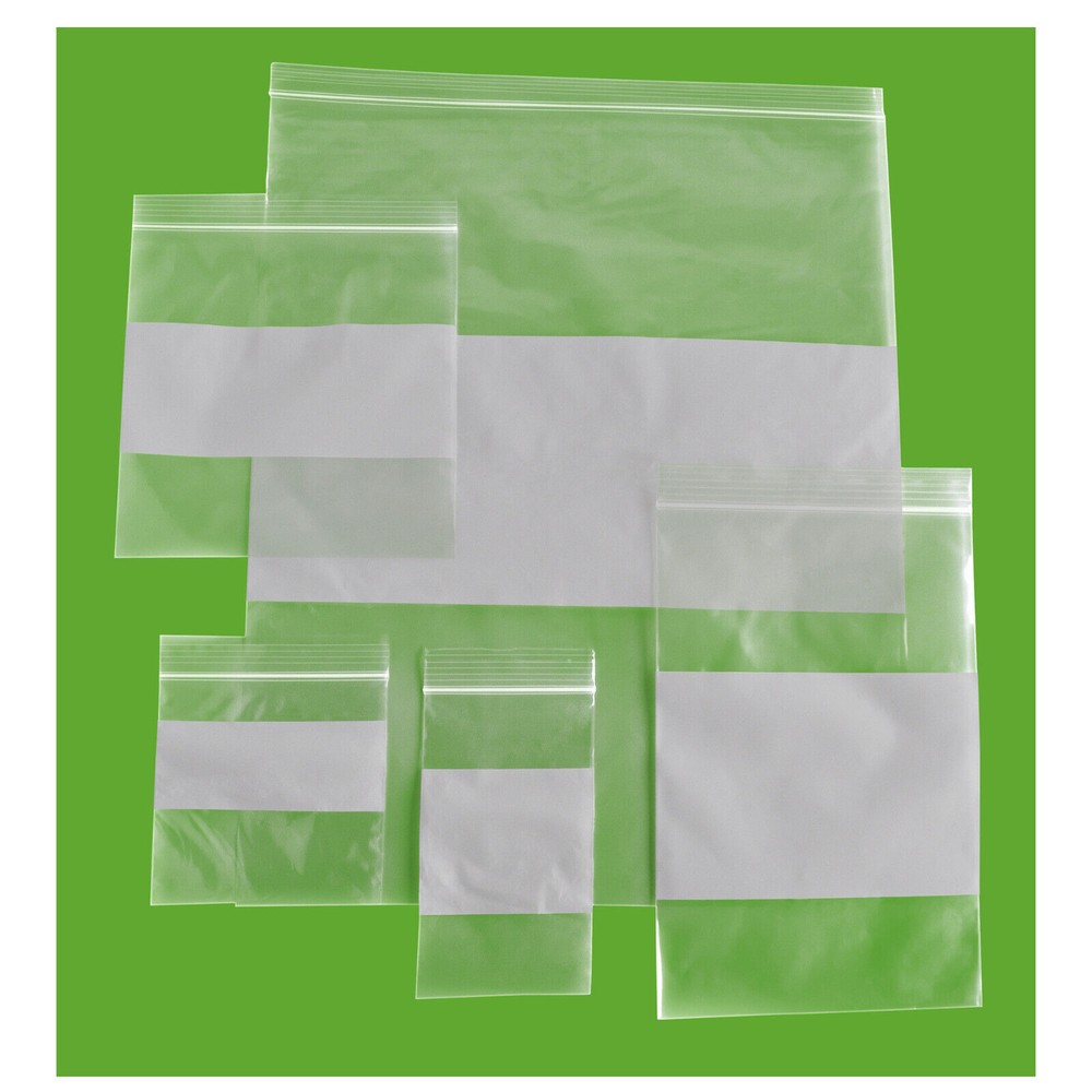 Clear Plastic Reclosable Storage Bags with White Block Choose: Mil, Size & Pack