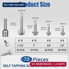 70Pcs #8#10 Hex Washer Head Self Tapping Screws 410 Stainless Steel Self Drillin