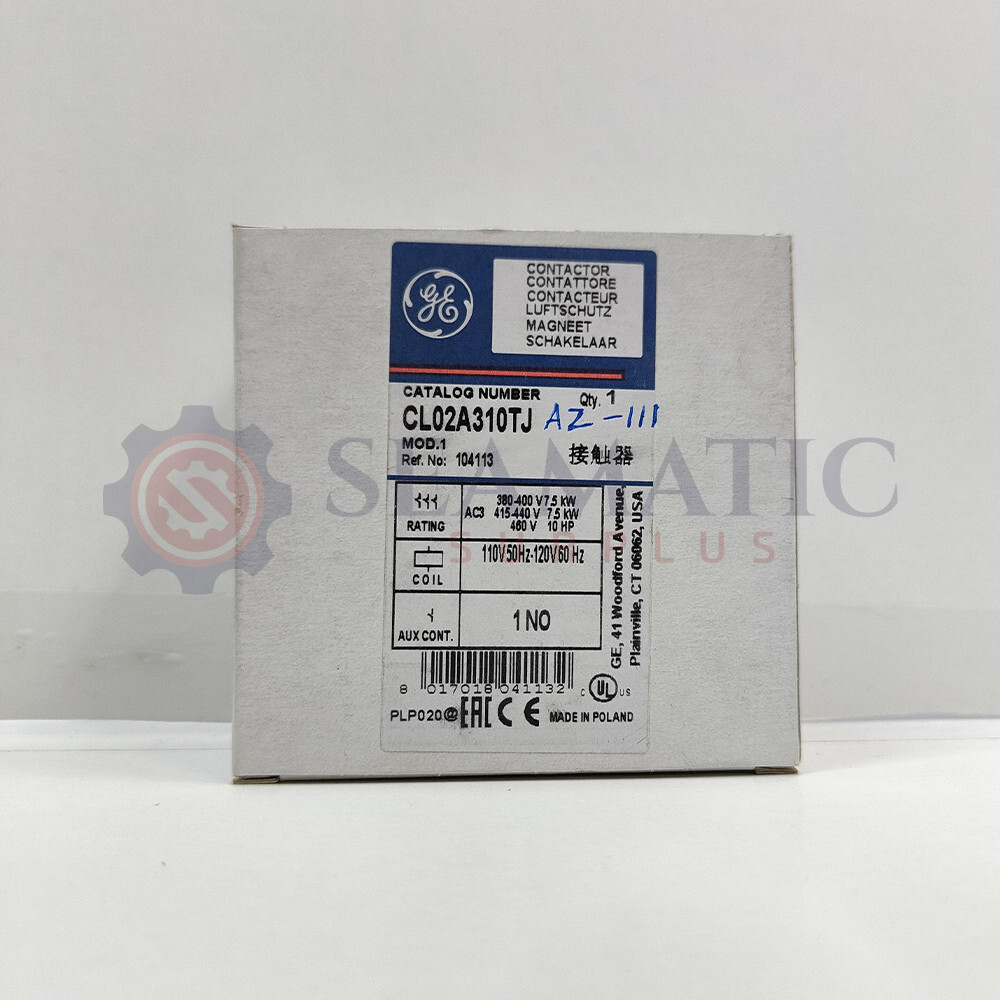 GE – CL02A310TJ CONTACTOR, 3 POLE 18A AC-3 380-440V, 1NO AUXILIARY, AZ#111+