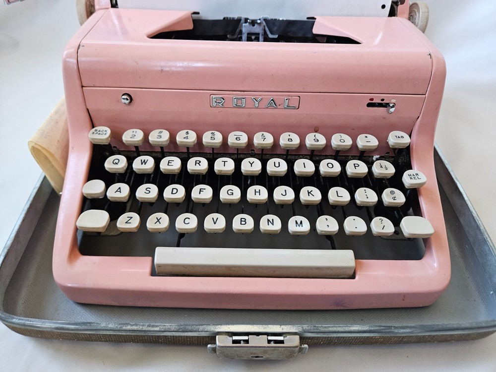 Authenic 1950s Bubble Gum Pink Royal Quiet DeLuxe Typewriter with Carrying Case