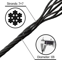 220Ft Black Wire Rope 1/8″ T316L Marine Grade Stainless Steel Cable 7 × 7 Strand