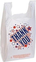Patriotic Thank You T-Shirt Bags Red White Blue Plastic 11.5x6x21″ 100 Pack