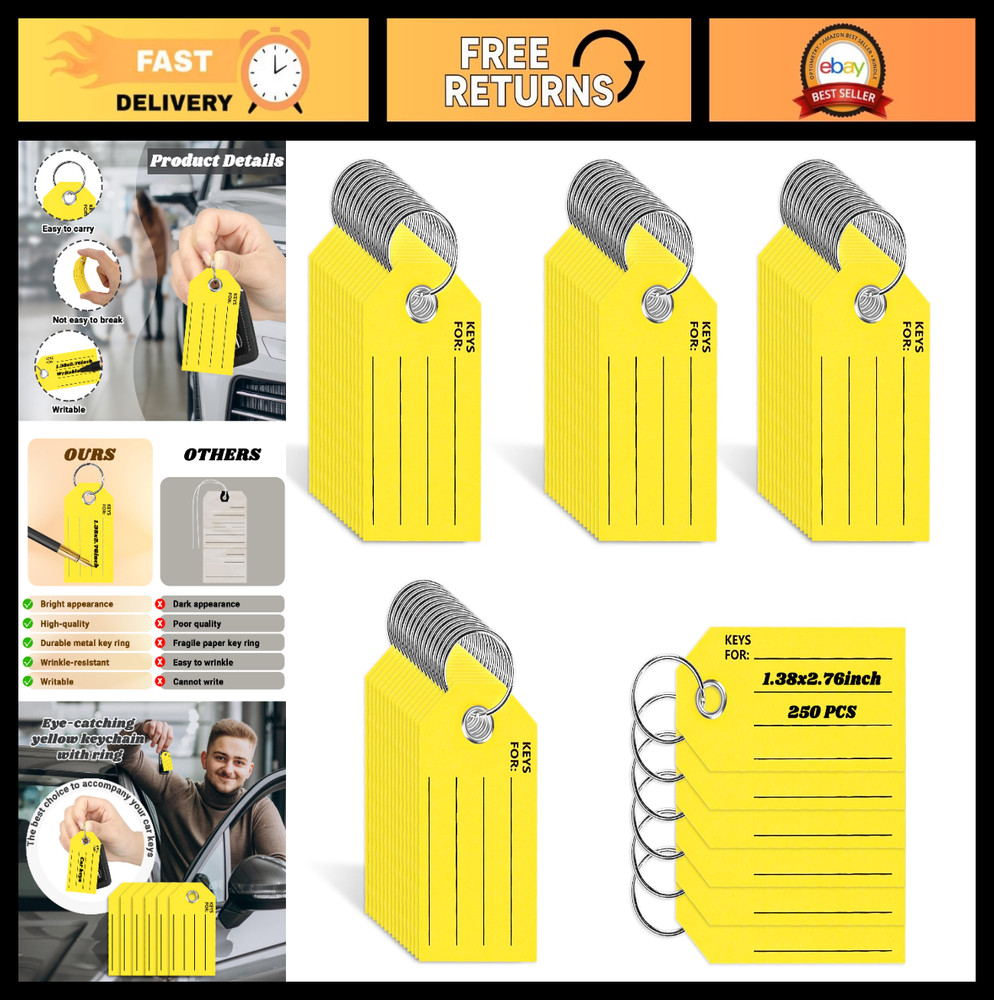 250 Yellow Key Tags with Labels & Rings – 1.38×2.76 Inches, Ideal for Car Dealer