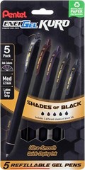 Pentel EnerGel Kuro Gel Pen, Shades of Black, 0.7mmtip, Assorted black ink,5pens
