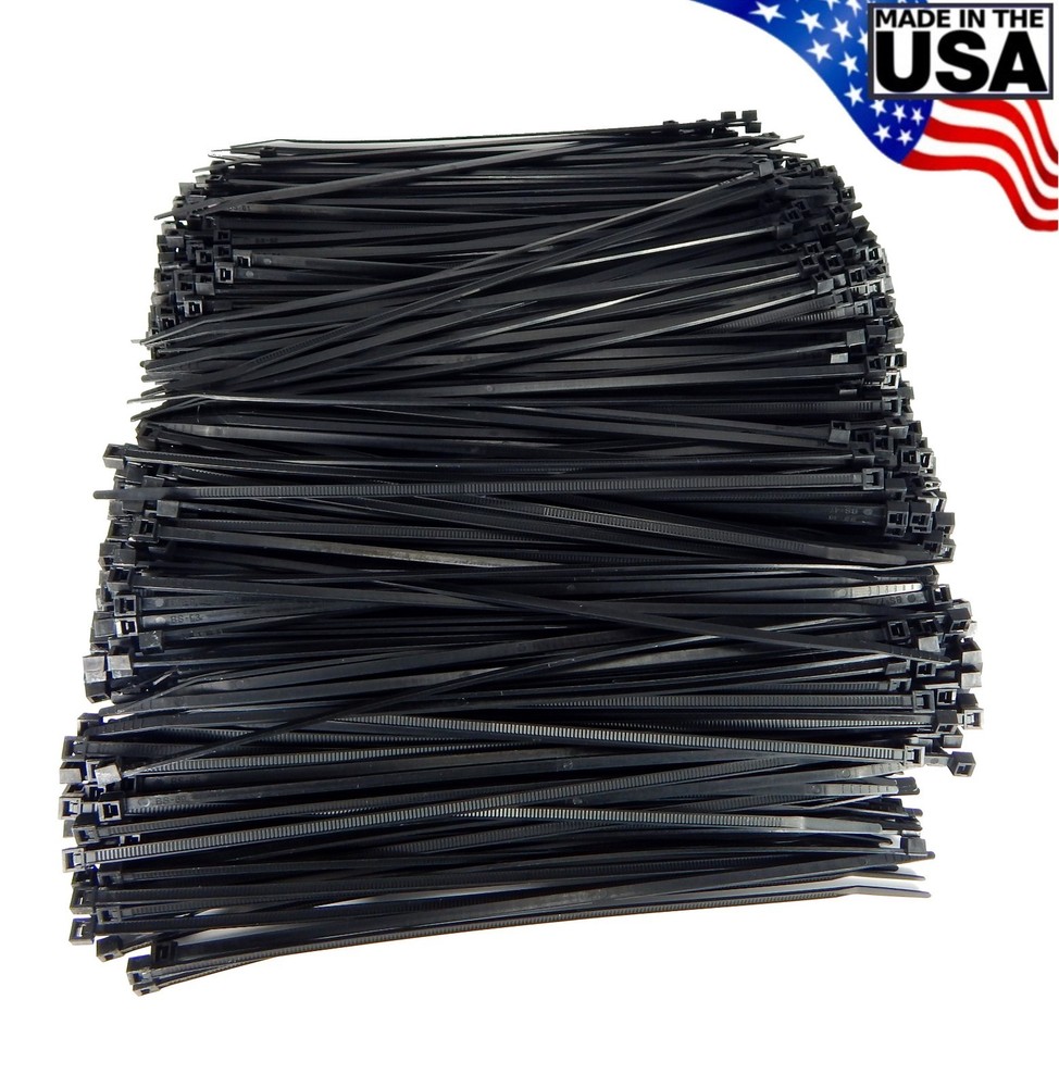 Zip Cable Ties 8″ 40lbs 1000pc UV Black Made in USA Nylon Wire Tie Wraps