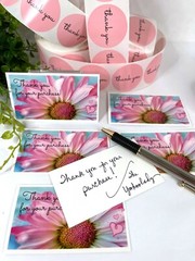 200 pc Business Set, Thank You Cards. Thank You Stickers, Pink Daisy 100 Sets